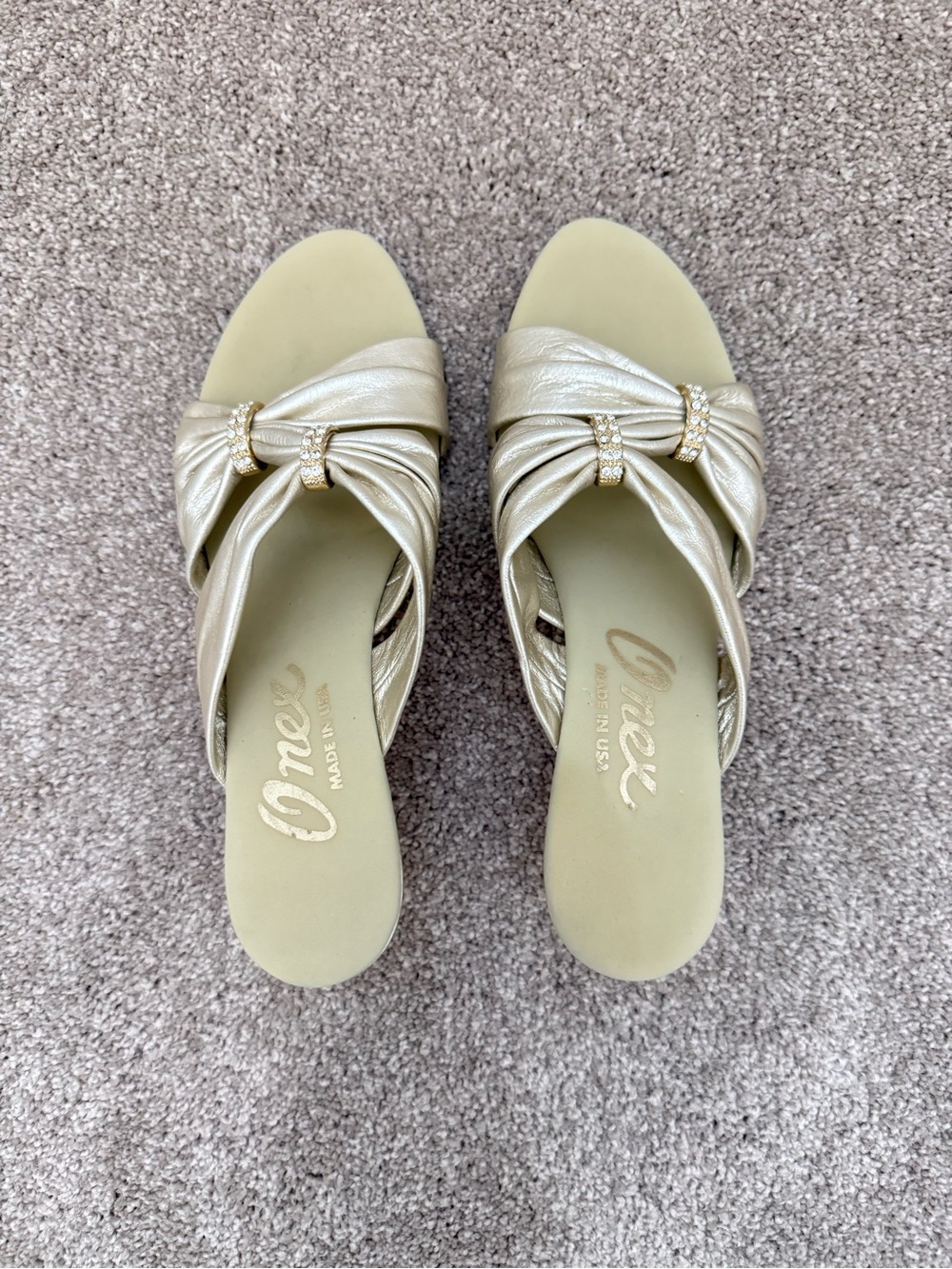 Onex Women's Metallic Gold Knotted Slip-On Sandals with Rhinestone Rings